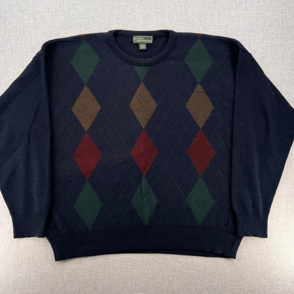 VTG Croft & Barrow Argyle Sweater Mens XL Navy Wool‎ Blend Preppy Academia Ivy